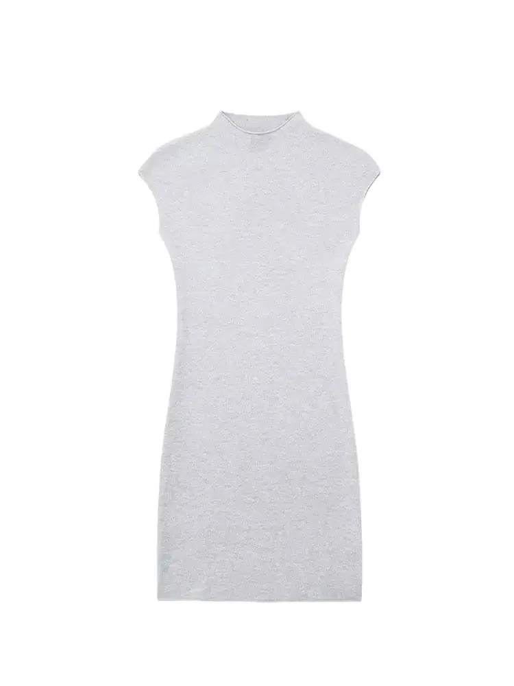 TRZA Women Fashion Stretch Knit Mini Dress Vintage High Neck Sleeveless Female Dresses Vestidos Mujer