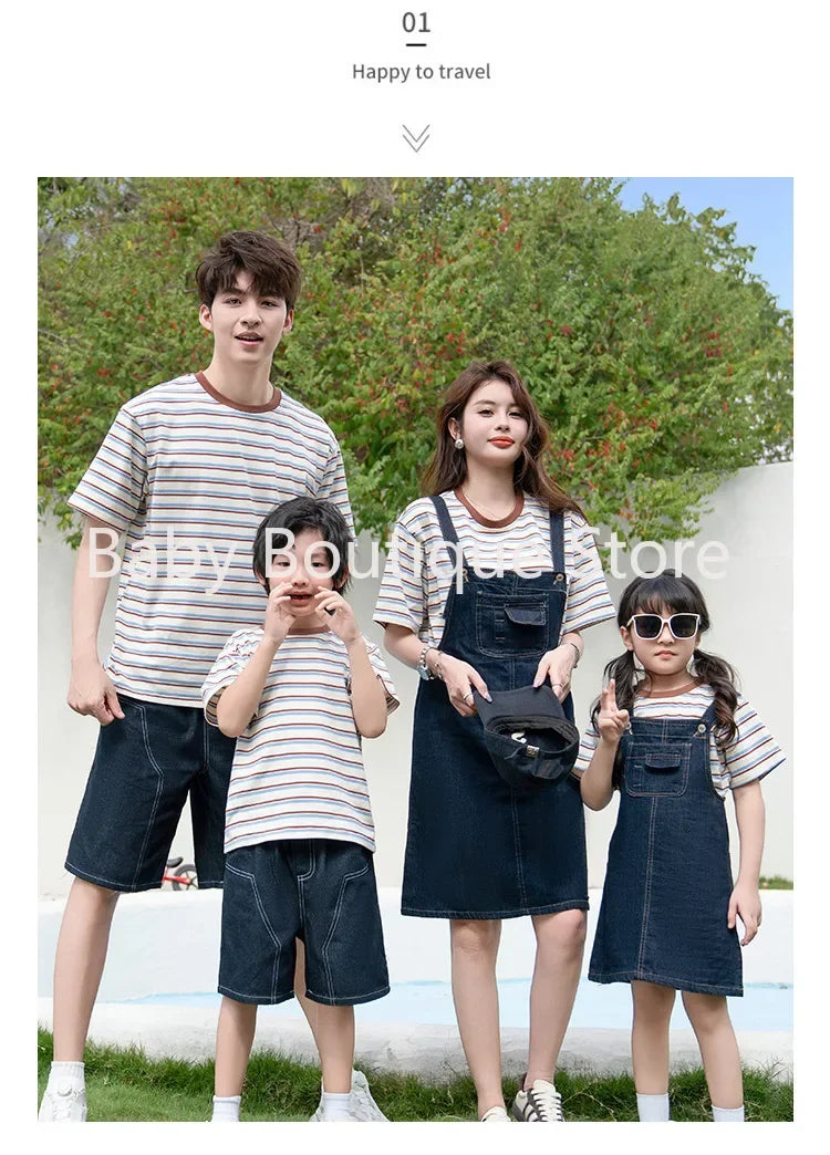 2025 Mom Daughter Father Son Family Matching Summer Cotton Mother Daughter Outfits Twin Wear Casual Striped Tshirt Overalls Set
