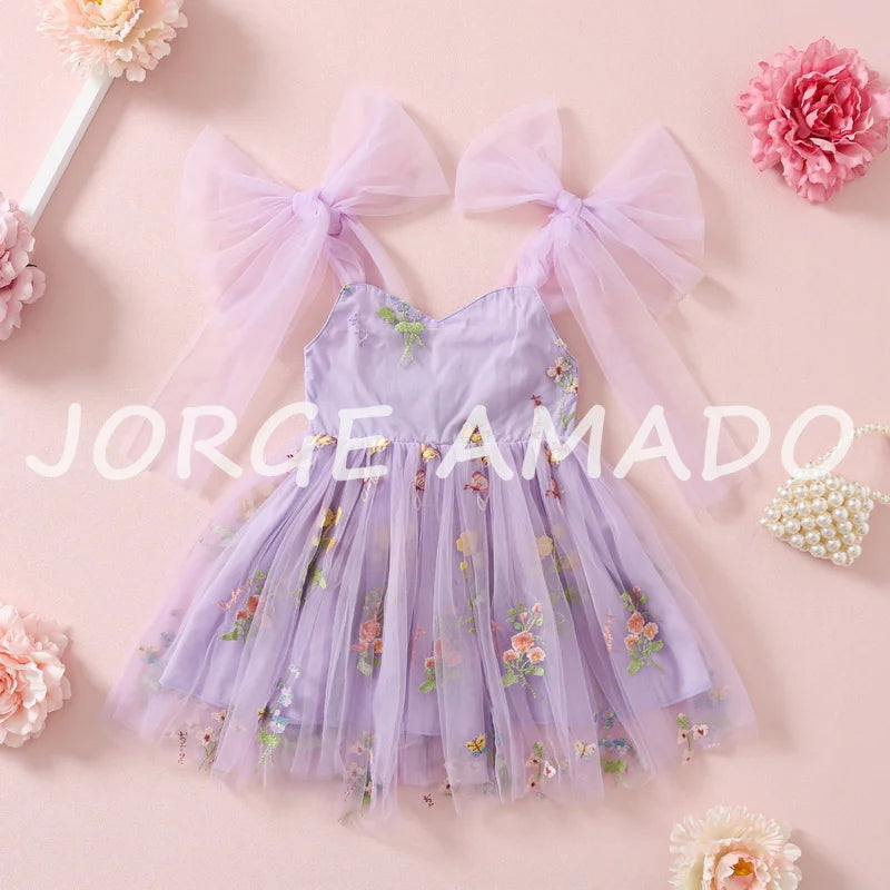 2026 Easter Kids Dress Girl Summer Dress Floral Bow Sleeveless Dance Performance Dress Girls Clothes E1236