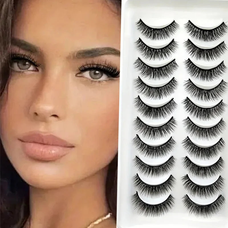 10 pairs of natural and simple long false eyelashes, all handmade and artificial, with a light and natural feeling as if they we