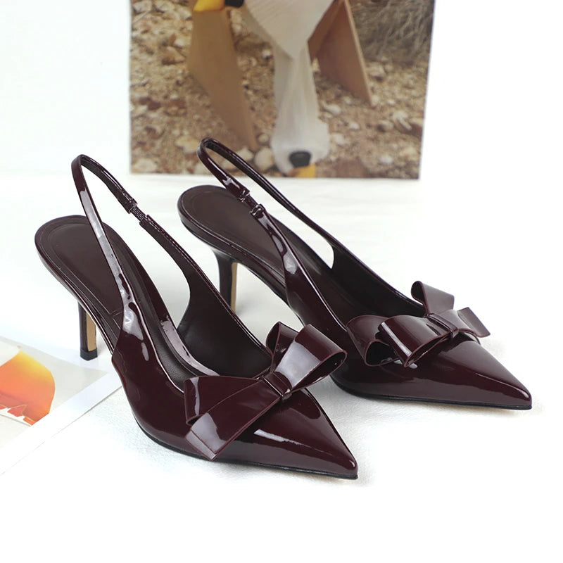 2025 Slingback Sandals for Women Summer Brand Design High Heels Butterfly-Knot Fashion Pointed Toe Patent Leather Ladies Shoes