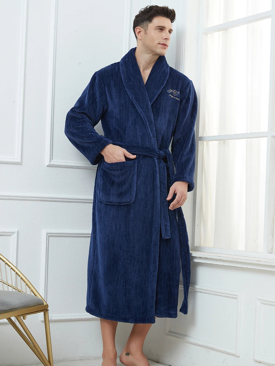 Plus Size 3XL 4XL Men Flannel Robe Winter Thickened Sleepwear Kimono Bathrobe Gown Warm Coral Fleece Loose Home Wear Nighwtear