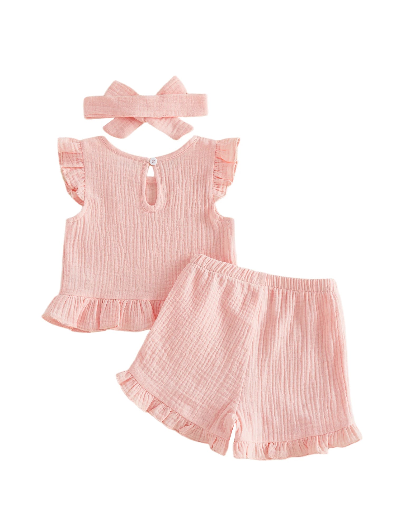 Little Girls 3 Piece Outfits Soft Adorable Solid Color Flying Sleeve Round Neck Tops Shorts Headband Set Baby Clothing