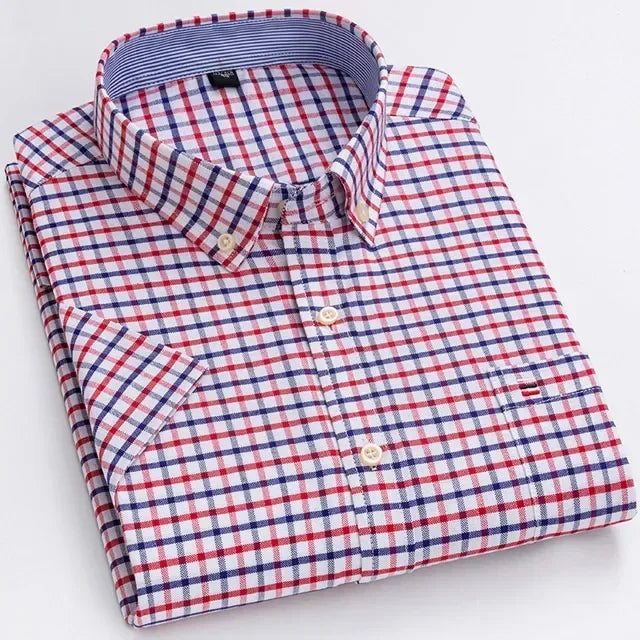 2026 100% Pure Cotton Men's Oxford Short Sleeve Square Collar Soild Plaid Striped Summer Casual Shirts Single Pocket  Shirt