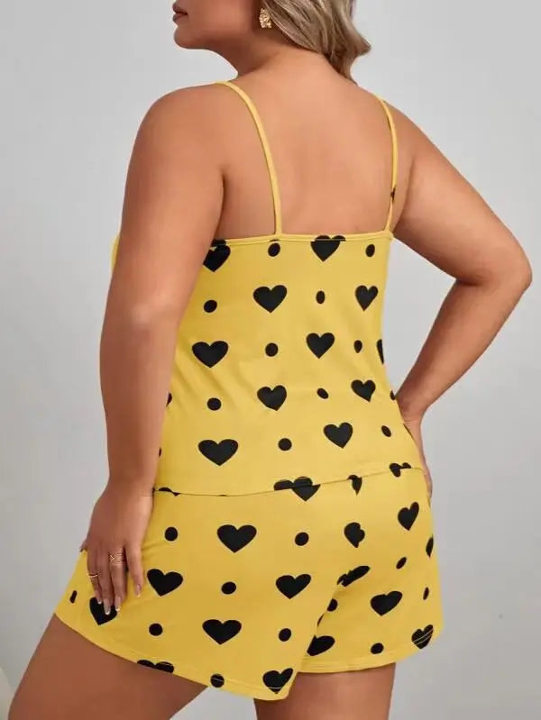 2026 Summer Women's Heart Print Pajama Set Sleeveless Elastic Waist Shorts 2 Pieces Female Sleepwear Nightwear XL-5XL Plus Size