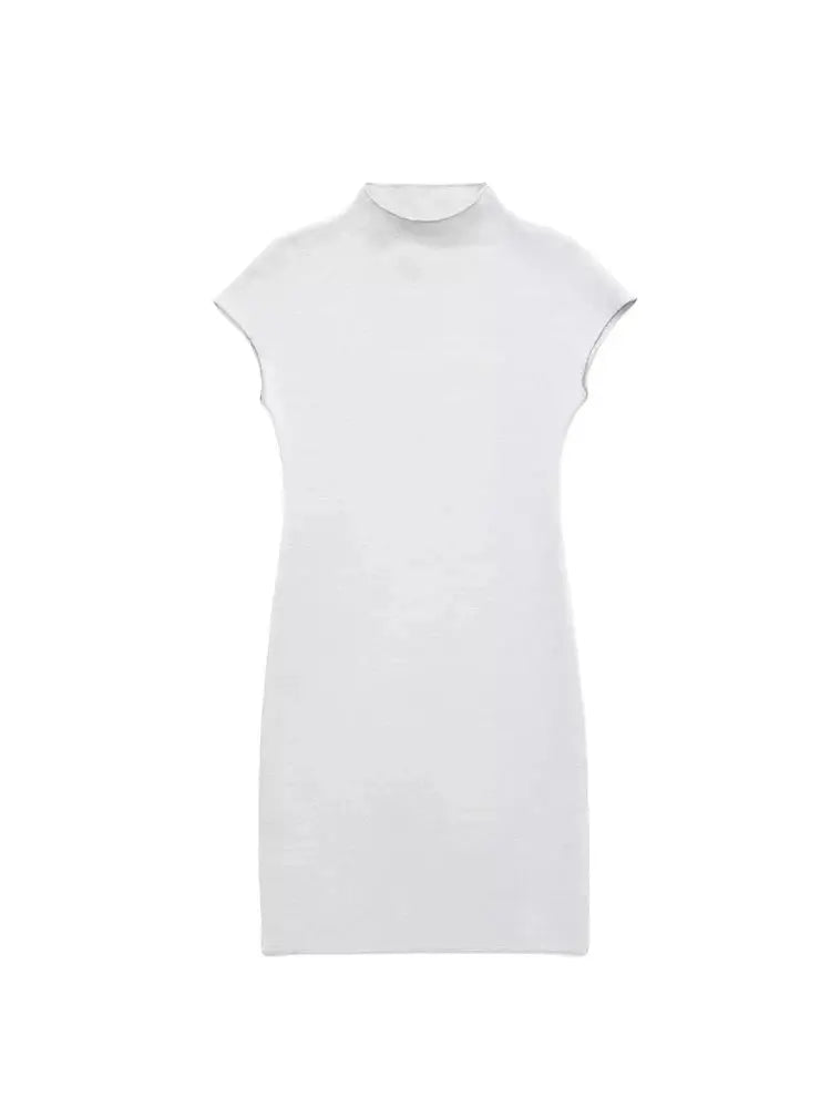 TRZA Women Fashion Stretch Knit Mini Dress Vintage High Neck Sleeveless Female Dresses Vestidos Mujer