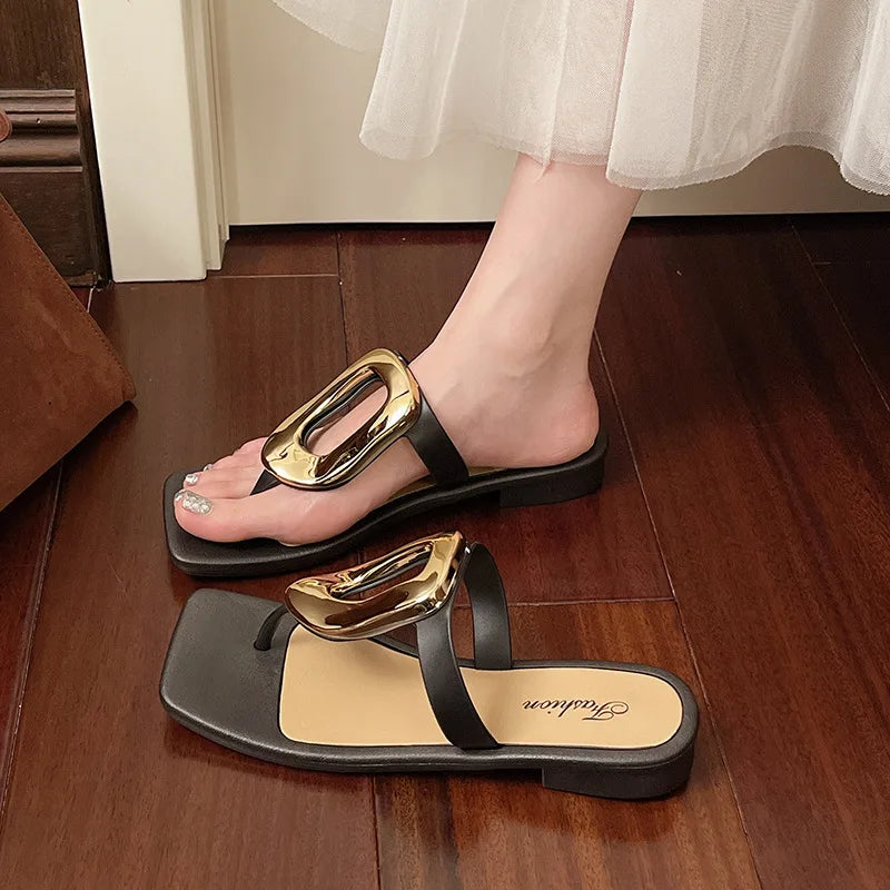 Women Sandals Summer Fashion Beach Slippers Open Toe Metal Casual Shoes Female Outdoor Wear Square Head Ladies Shoes
