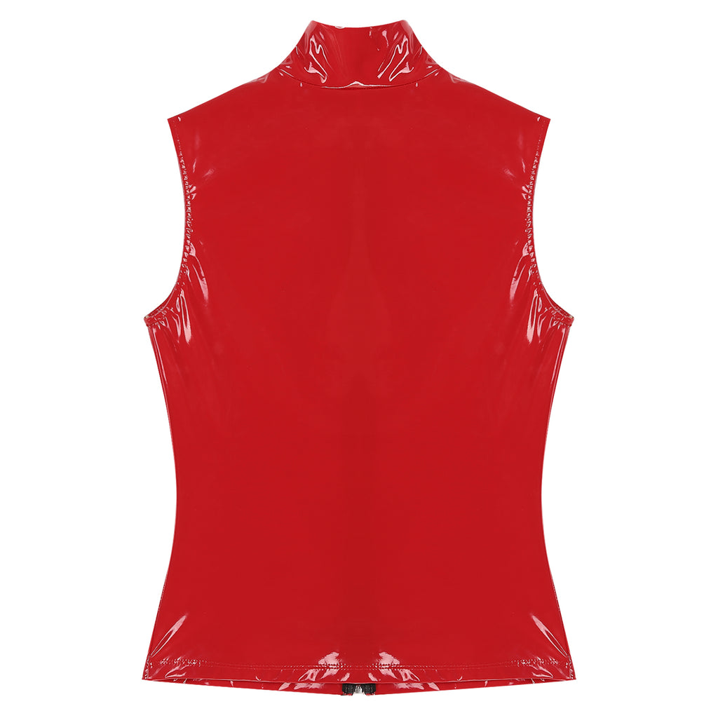 Mens Glossy Patent Leather Crop Tops Patent Leather Stand Collar Vest Top Clubwear Zipper Sleeveless Jacket Gothic Punk Clubwear