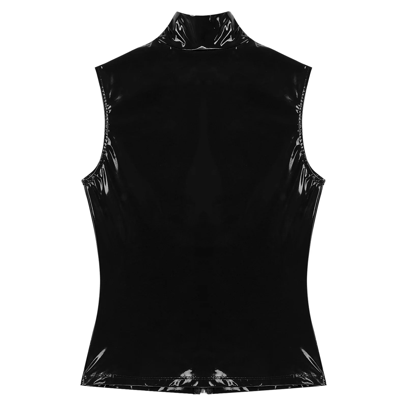 Mens Glossy Patent Leather Crop Tops Patent Leather Stand Collar Vest Top Clubwear Zipper Sleeveless Jacket Gothic Punk Clubwear