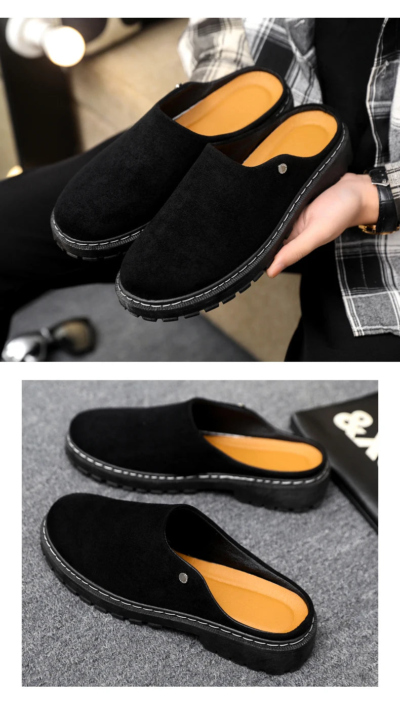 Black Men's Half Shoes Summer Casual Shoes Comfortable Suede Leather Shoes For Men Loafers Breathable Slip-on Shoes Man Slippers