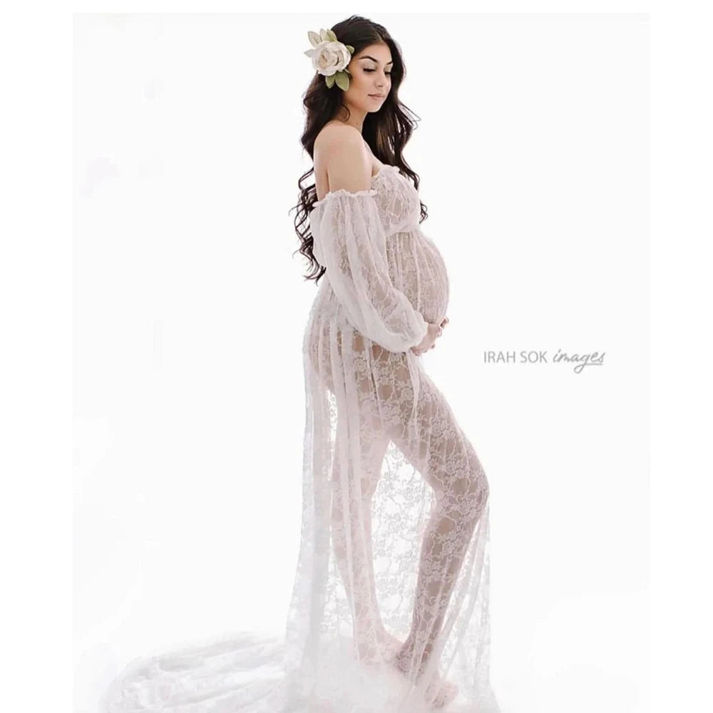 Maternity Photography Dresses Sexy Off Shoulder Mesh Lace Maxi Dress White Long Pregnancy Women Gown Photoshoot Props Accessorie