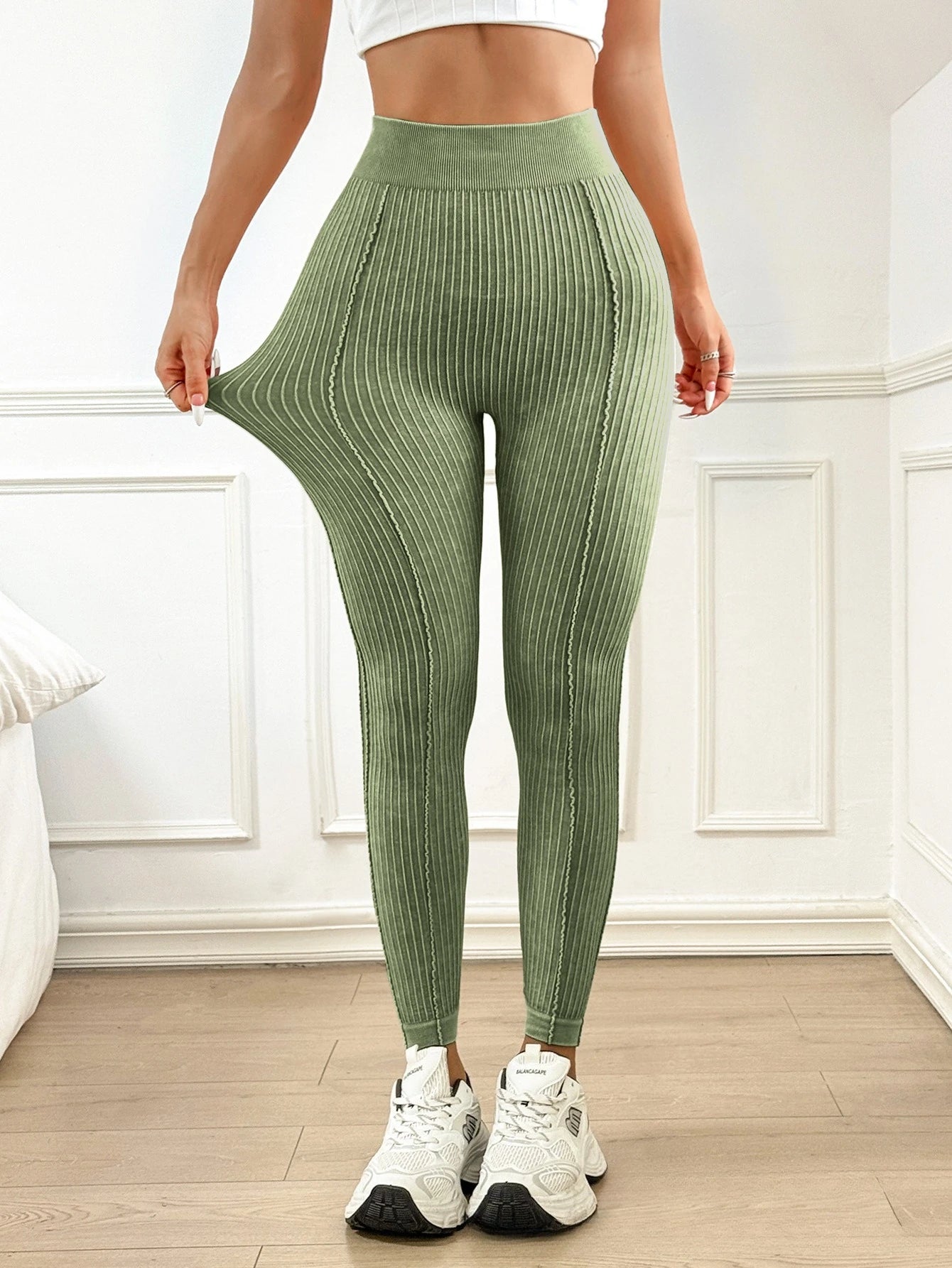 Womens High Waisted V Shaped Waistband Sand Washed Ribbed Yoga Leggings Peach Booty Lifting Fitness Pants for Workout