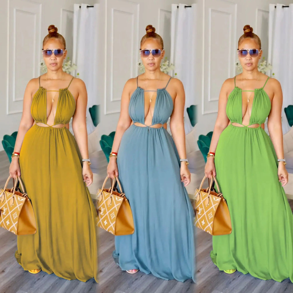 2025 Women's Dress Summer Holiday Solid Long Dresses Sexy Drawstring Lace Up Sleeveless Vestidos Para Mujer Club Party Outfits