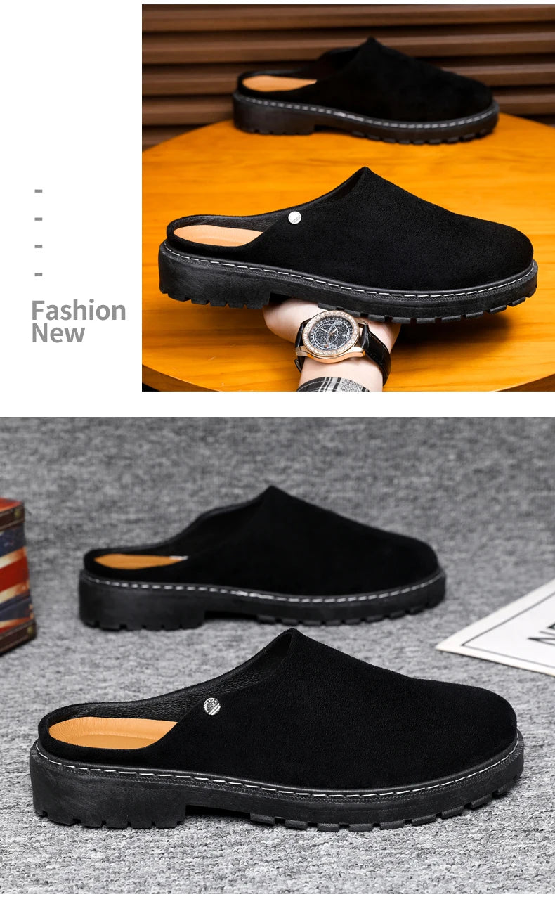 Black Men's Half Shoes Summer Casual Shoes Comfortable Suede Leather Shoes For Men Loafers Breathable Slip-on Shoes Man Slippers
