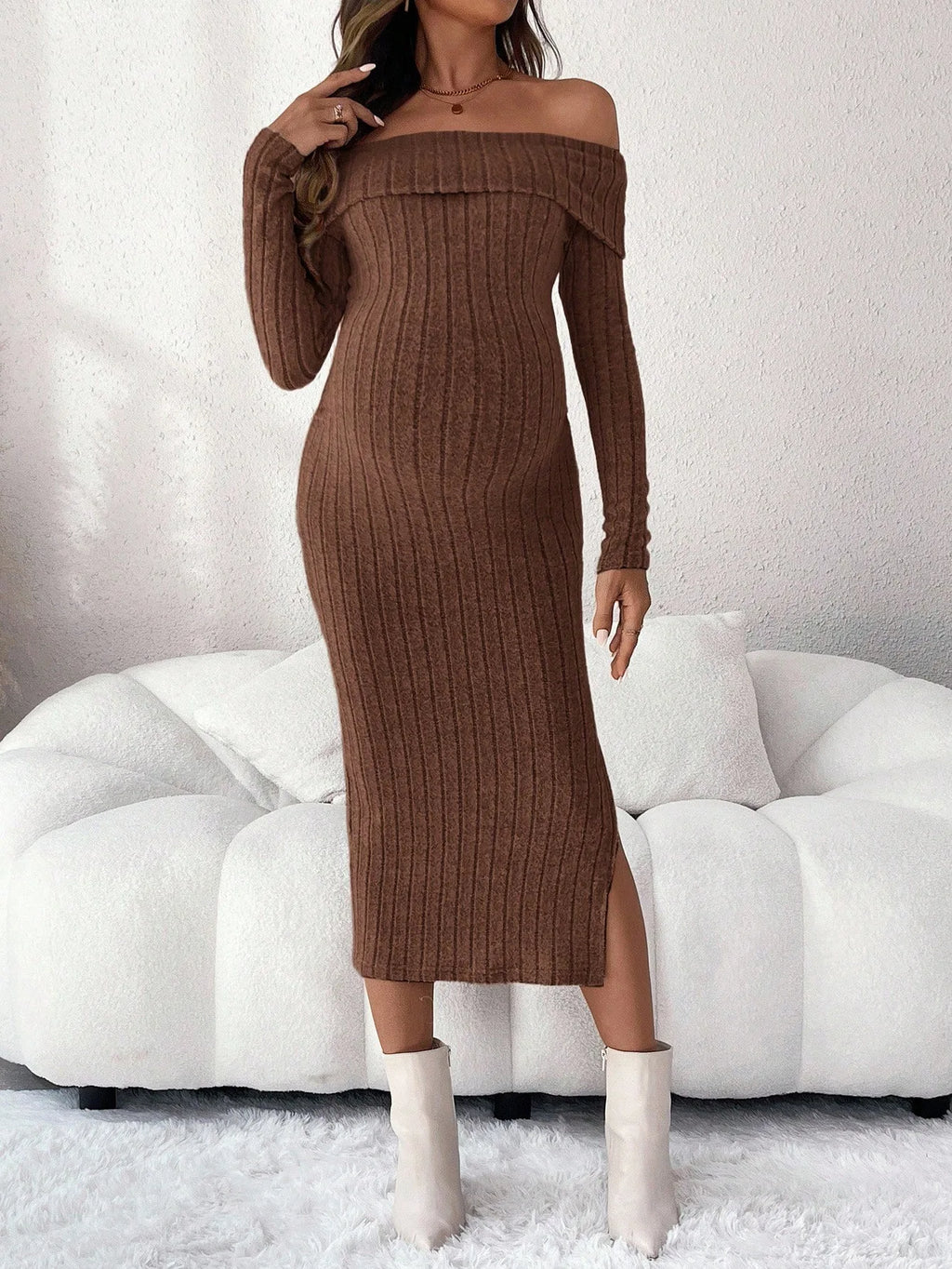Maternity Pregnant Women Solid Knitted Dress Off Shoulder Slim Fit Long Sleeve Bodycon Dresses Spring Casual Pregnancy Clothing