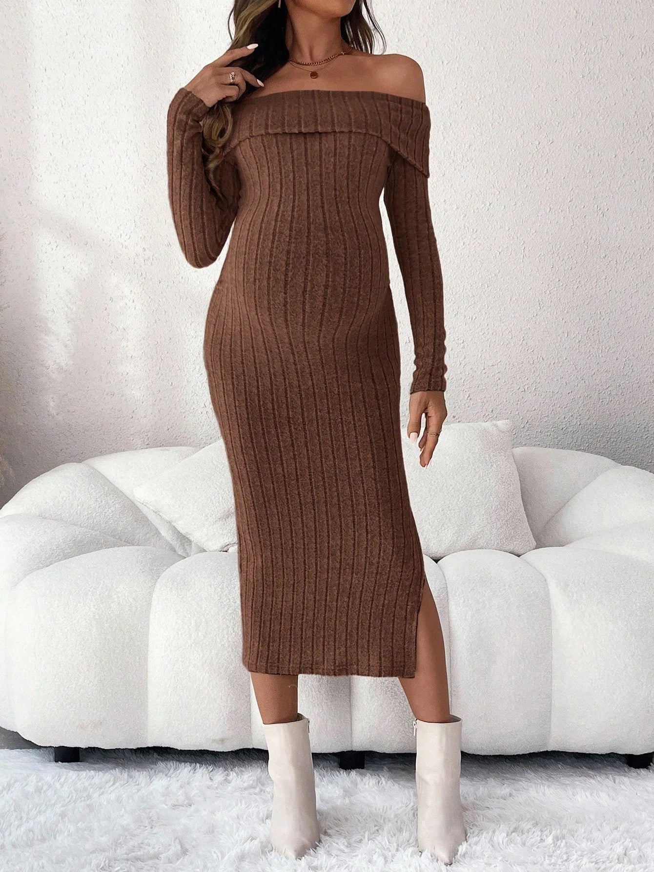 Maternity Pregnant Women Solid Knitted Dress Off Shoulder Slim Fit Long Sleeve Bodycon Dresses Spring Casual Pregnancy Clothing