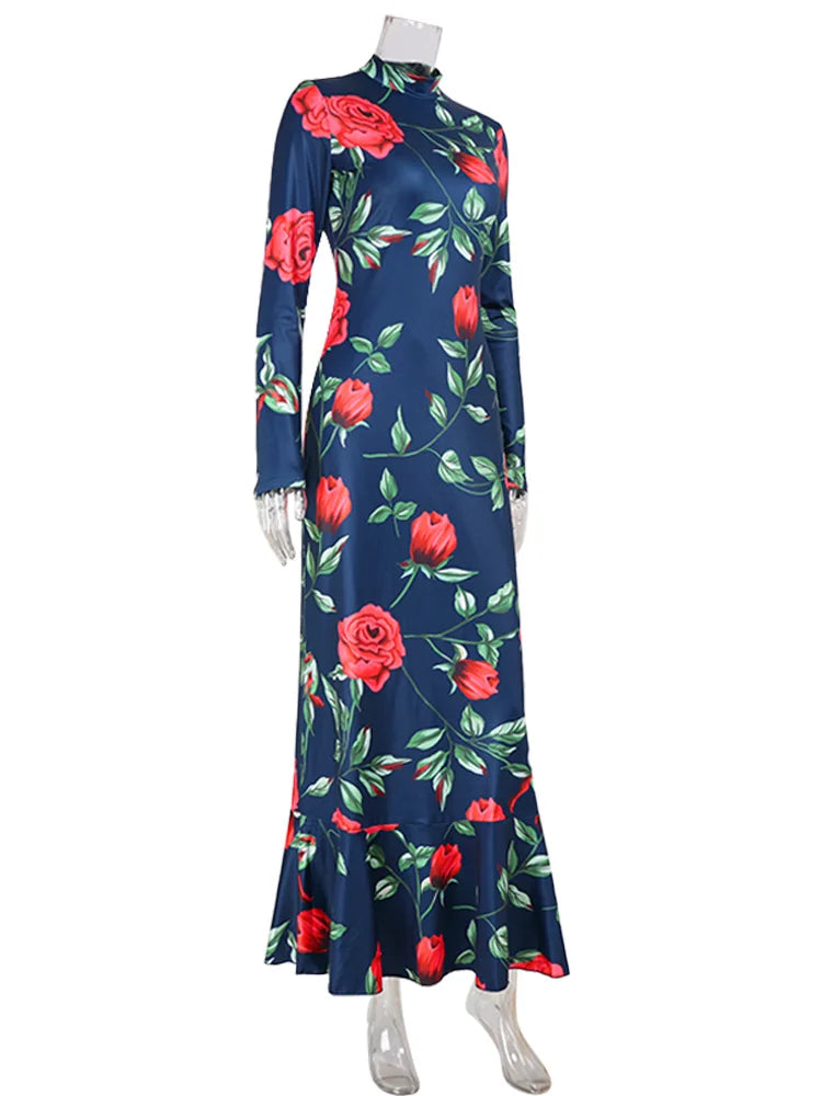 CNYISHE Flower Prints O Neck Women Dresses Sheath Trendy Fashion Elegant Evening Party Outfits Female Bodycon Long Sleeve Robes