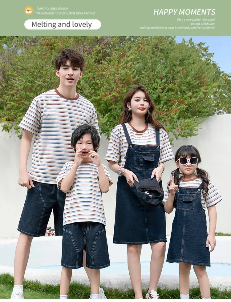 2025 Mom Daughter Father Son Family Matching Summer Cotton Mother Daughter Outfits Twin Wear Casual Striped Tshirt Overalls Set