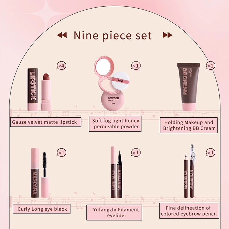 Marie Set de Maquillaje Navideño para Mujer — 9 Labiales, Polvo Compacto, BB Cream, Lápiz de Cejas, Máscara y Delineador para Mujeres y Niñas