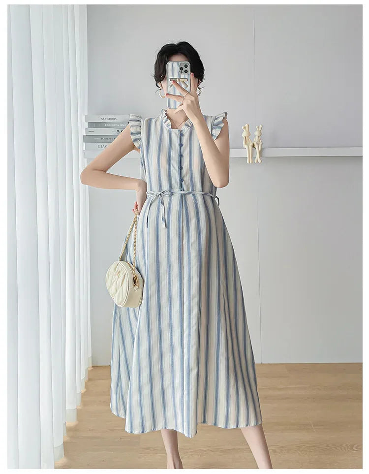 Maternity Clothes Spring Autumn Pregnancy Dresses Pregnant Women Lantern Sleeve High Waist V Neck  Clothing