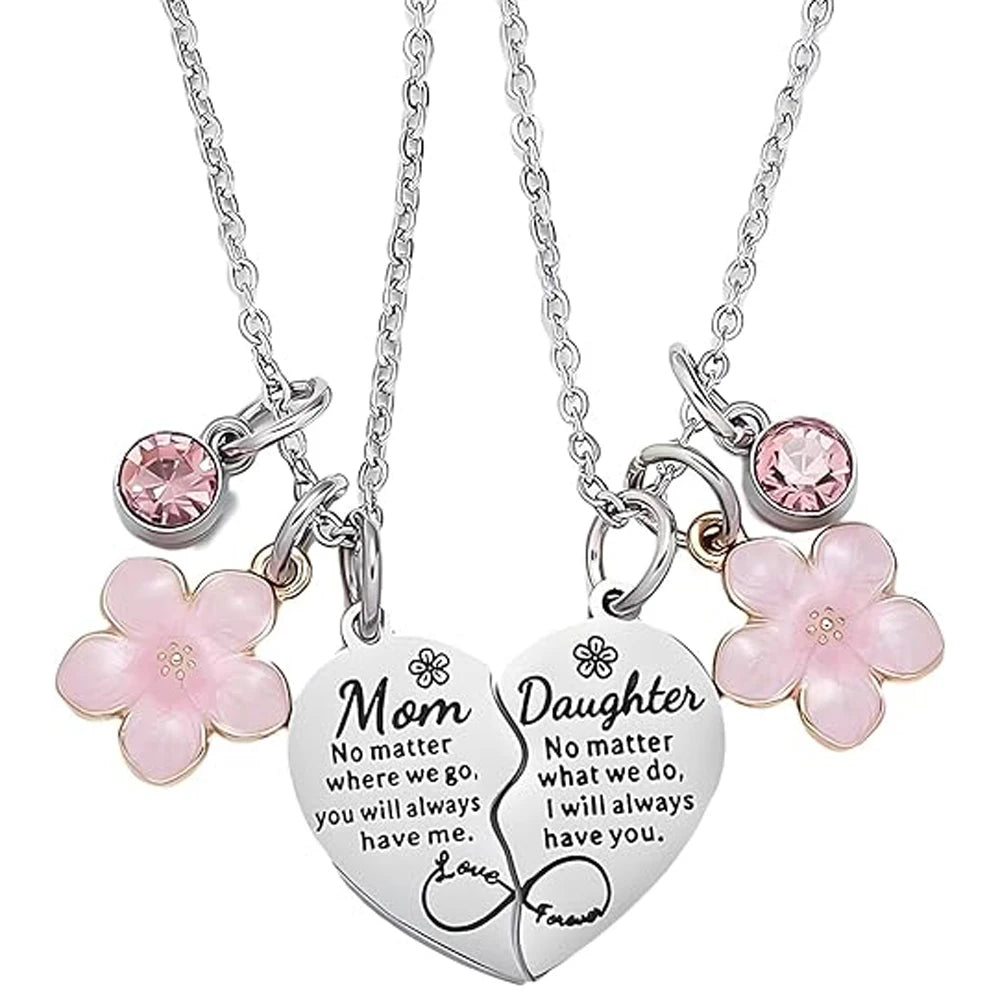 Mother Daughter Necklace for 2 Gifts - Pink Flower Heart Matching Necklace for Mom Women Mother Day Gift from Daughter