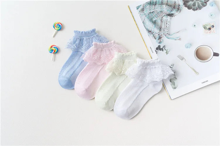 4Pairs Baby Girls Lace Socks Spring Summer Ruffle Princess Mesh Children Ankle Short Breathable Cotton Toddler Kids Socken 1-6Y