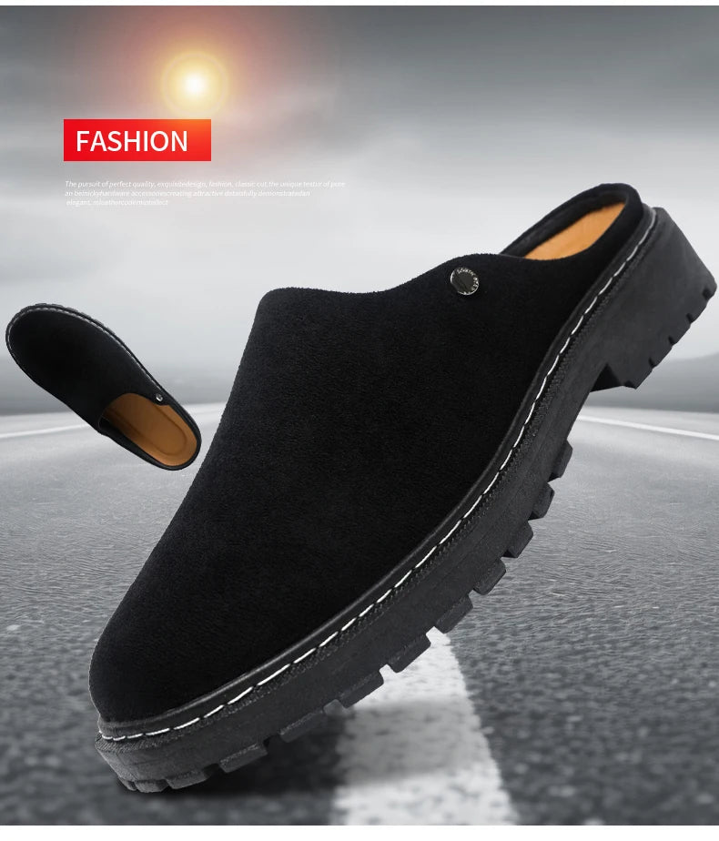 Black Men's Half Shoes Summer Casual Shoes Comfortable Suede Leather Shoes For Men Loafers Breathable Slip-on Shoes Man Slippers