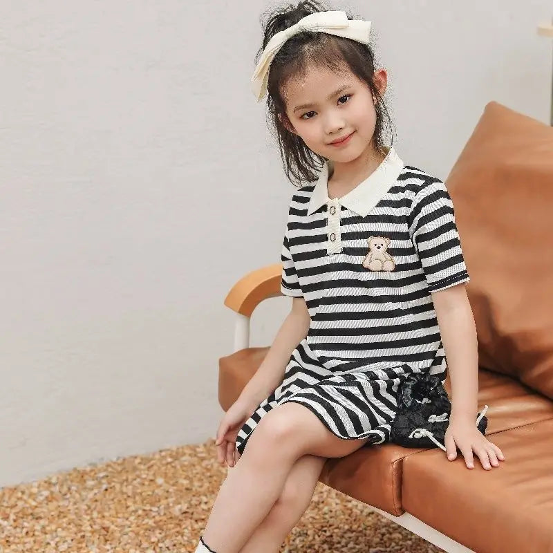 Girls Stripe Bear Polo Dress Summer Short Sleeve Flip Collar Baby Academy Style Trendy Dress Girls Aged 2-10