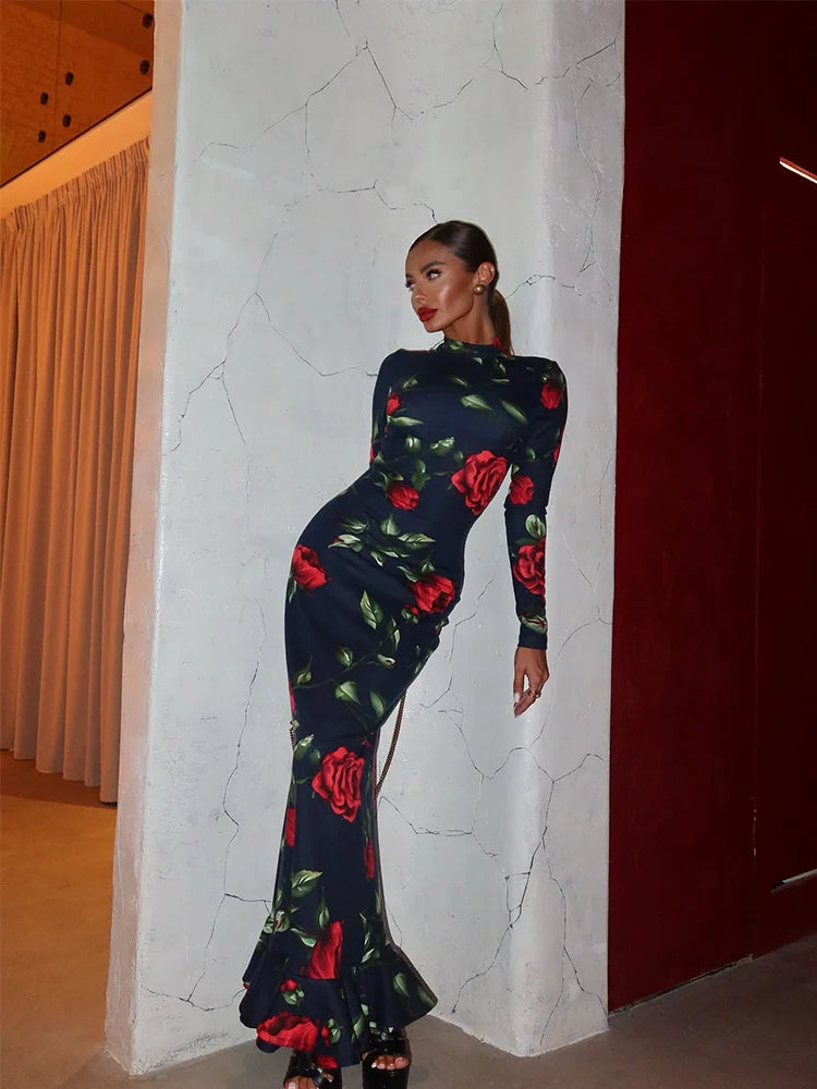 CNYISHE Flower Prints O Neck Women Dresses Sheath Trendy Fashion Elegant Evening Party Outfits Female Bodycon Long Sleeve Robes
