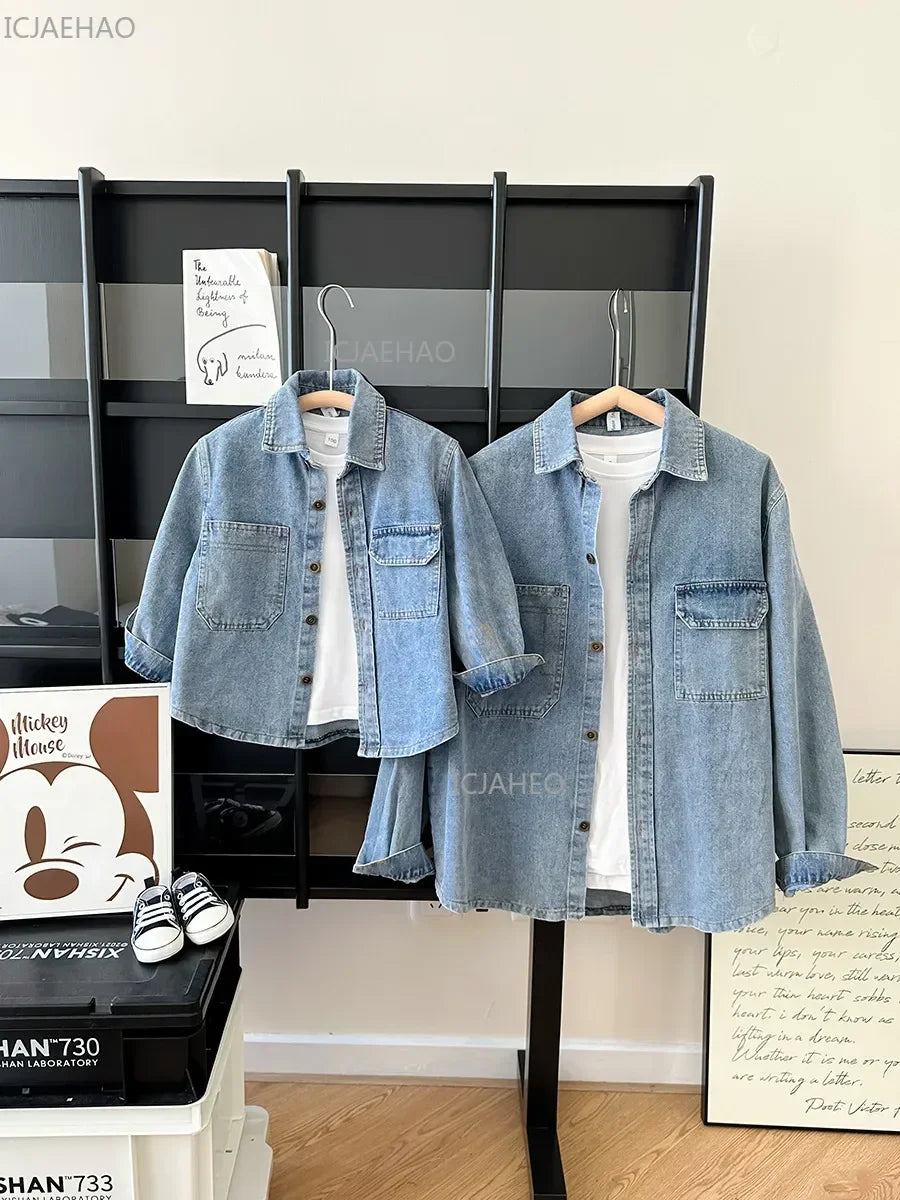 ‌2026 Mother-Child Mother and Son Daughter Matching Fashion Outfits Denim Jacket & Shirt Casual Kids and Adults Tops Autumn