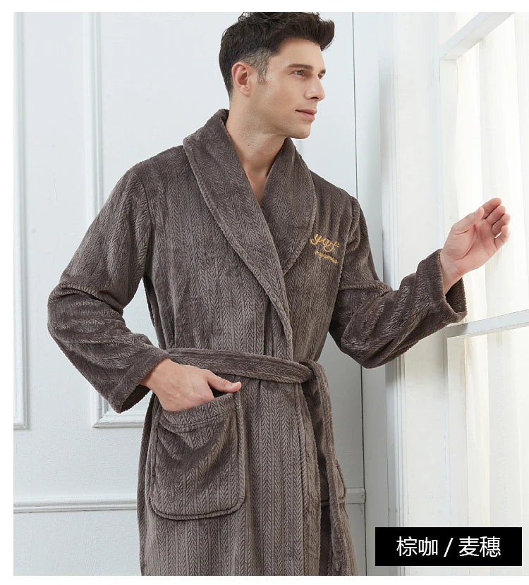 Plus Size 3XL 4XL Men Flannel Robe Winter Thickened Sleepwear Kimono Bathrobe Gown Warm Coral Fleece Loose Home Wear Nighwtear