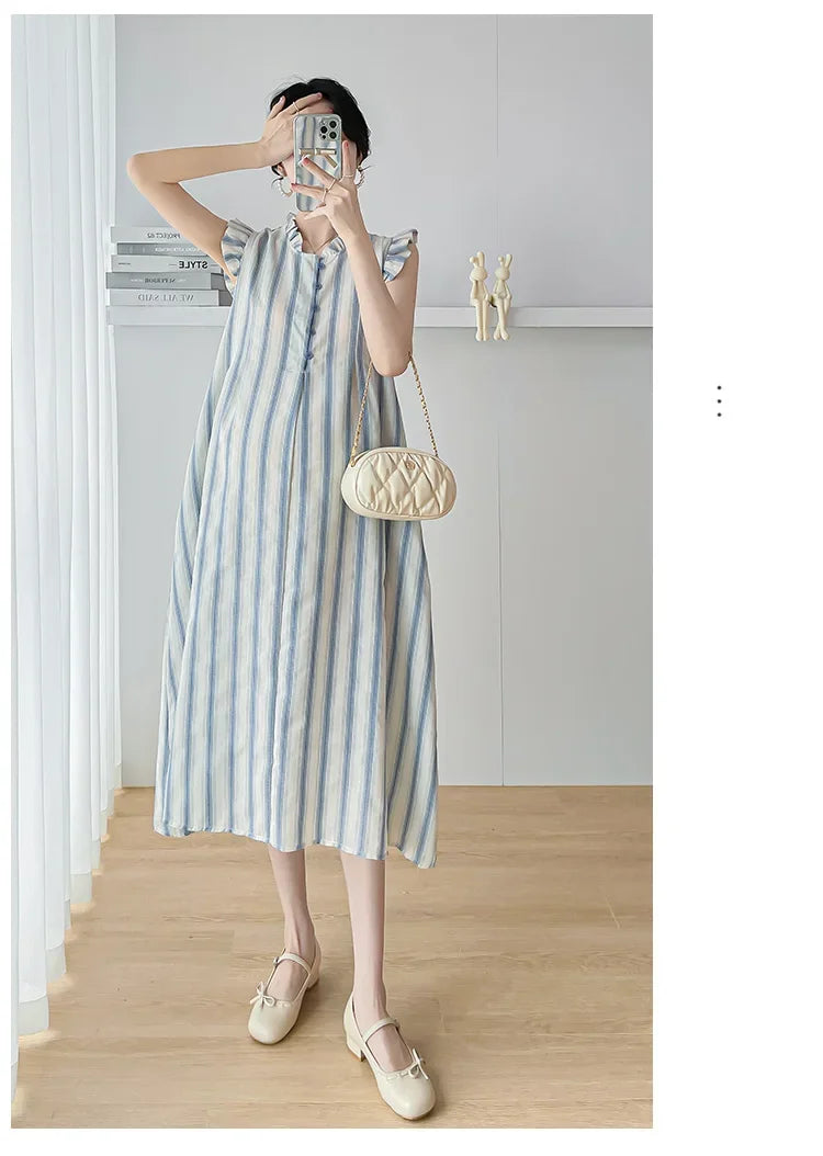 Maternity Clothes Spring Autumn Pregnancy Dresses Pregnant Women Lantern Sleeve High Waist V Neck  Clothing