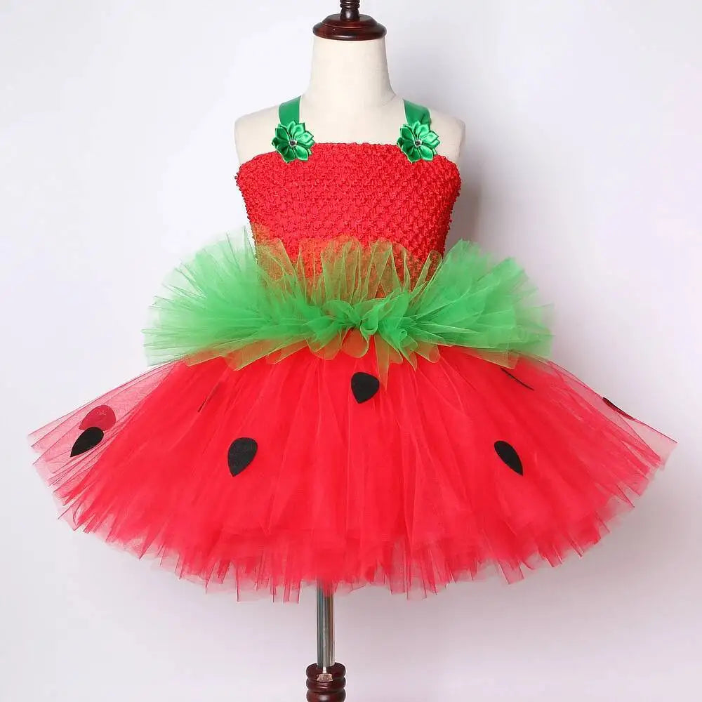 Red Green Strawberry Dresses for Girls Princess Tutu Dress with Flowers Headband Toddler Kids Girl Costume for Birthday Party