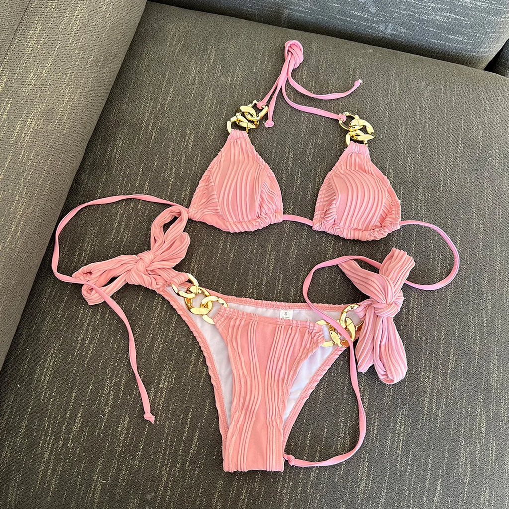 Halter Metal Rings Bikinis Wrinkled Bikini Female Swimsuit Women Swimwear Two-pieces Bikini Set High Cut Bathing Suit Swim Lady