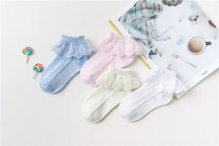 4Pairs Baby Girls Lace Socks Spring Summer Ruffle Princess Mesh Children Ankle Short Breathable Cotton Toddler Kids Socken 1-6Y