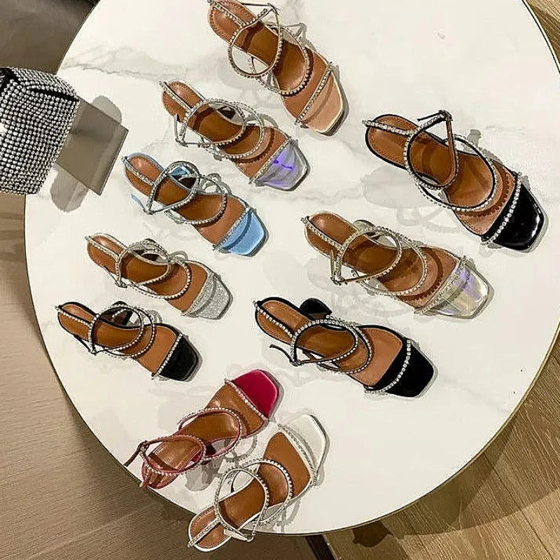 Women's Sandals  European and American Summer New High Heels Banquet Fashion Rhinestone Chain Open Toe Fine Heel Roman Sandals