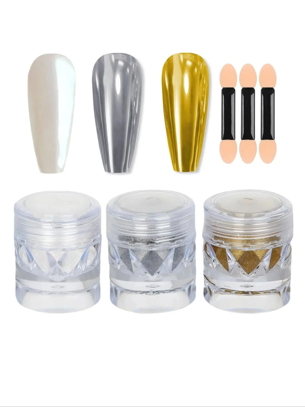 3-piece mirror-finish nail polish powder set, perfect for DIY nail art and creating captivating artistic nail designs. A great t