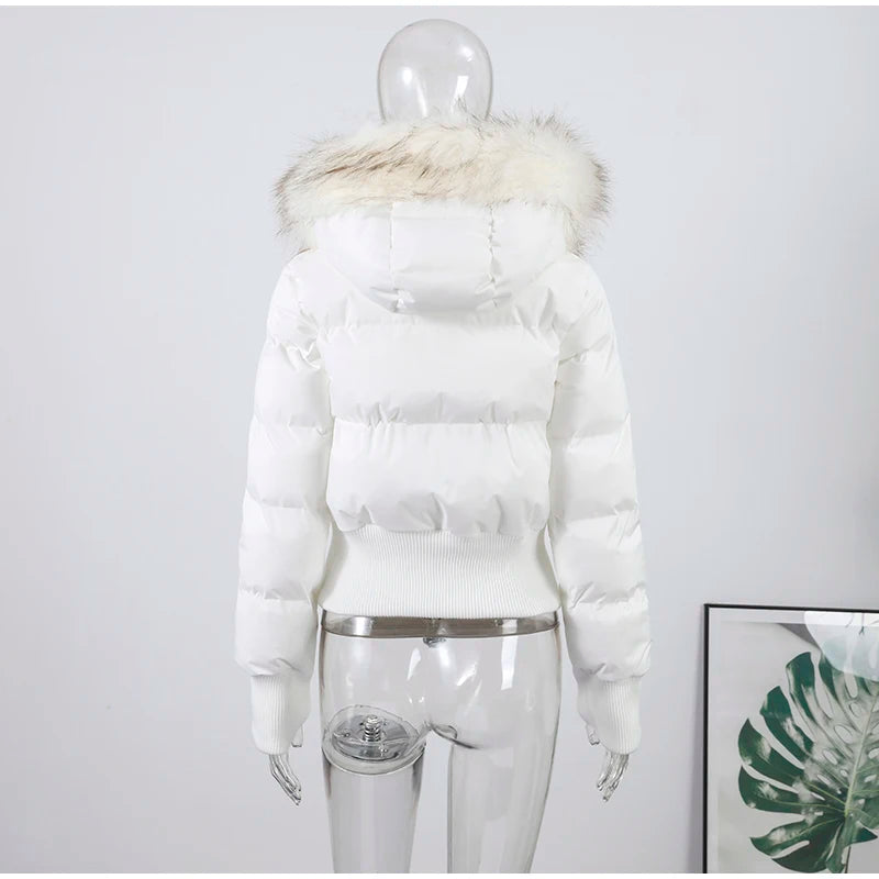 Chic Fur Collar Hooded Women's Cotton Jacket Solid Zipper Slim Waist Pocket Warm Thick Coat 2025 Autumn Winter Lady New Outwear