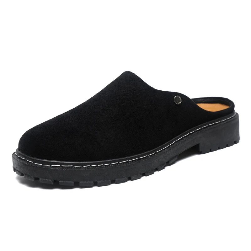 Black Men's Half Shoes Summer Casual Shoes Comfortable Suede Leather Shoes For Men Loafers Breathable Slip-on Shoes Man Slippers