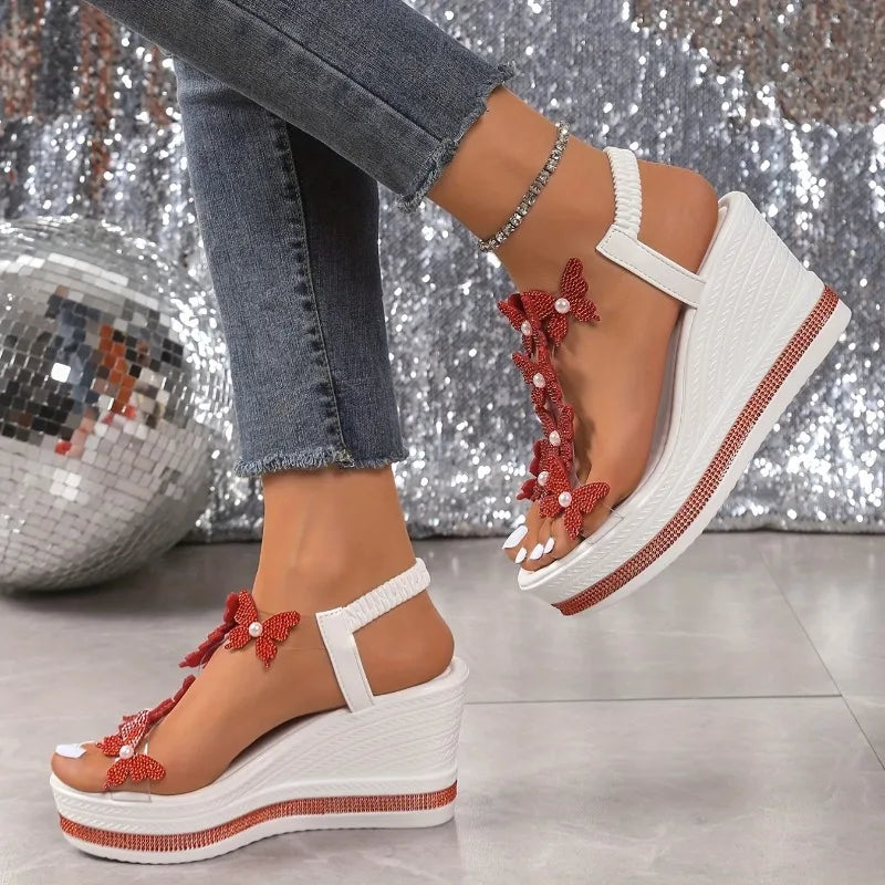 2025 new wedge sandals butterfly pearl decoration word with diamond