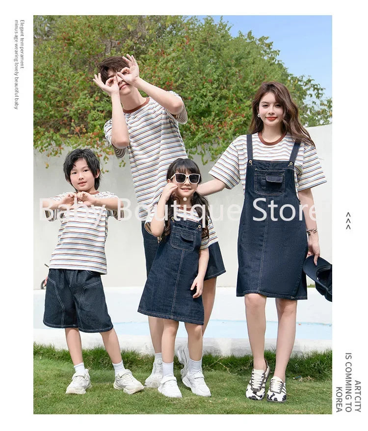 2025 Mom Daughter Father Son Family Matching Summer Cotton Mother Daughter Outfits Twin Wear Casual Striped Tshirt Overalls Set