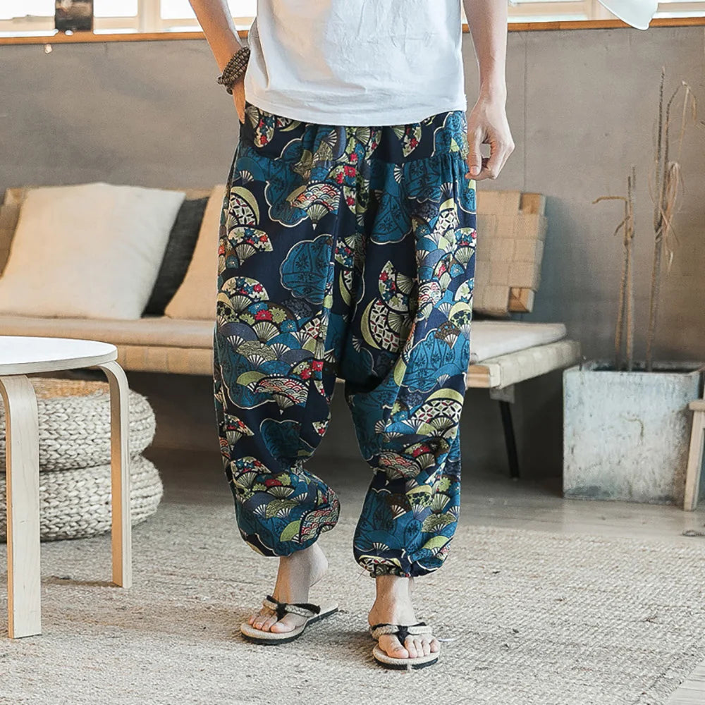 Men's Stylish Vintage Harem Pants Drop Crotch Design Casual Trousers Breathable Loose Fit Boho Pants Random Print Joggers