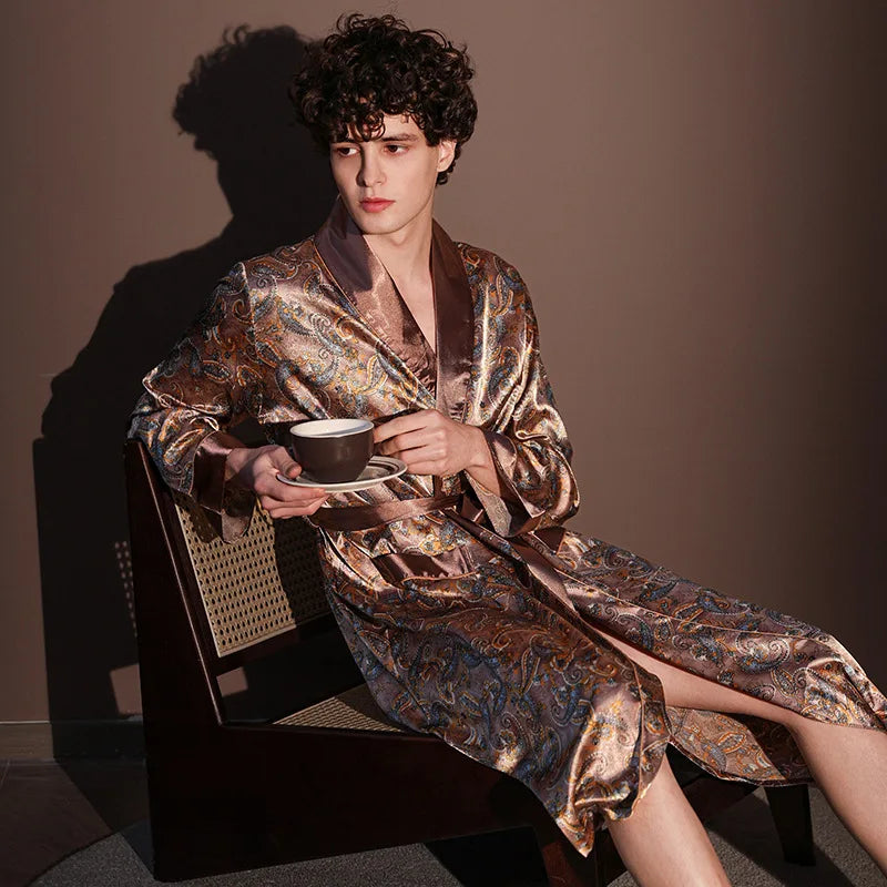 Pajama Men's Robe Kimono Gown Bathrobe with Pockets Print Sleepwear Home Clothing Spring Autumn Satin Nightwear Loose Loungewear