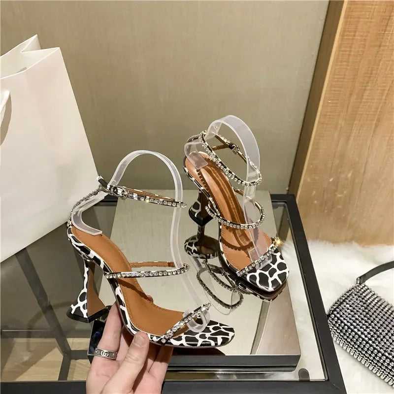 Women's Sandals  European and American Summer New High Heels Banquet Fashion Rhinestone Chain Open Toe Fine Heel Roman Sandals