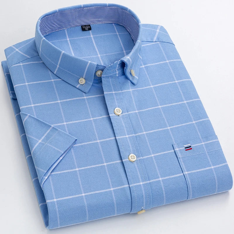 2026 100% Pure Cotton Men's Oxford Short Sleeve Square Collar Soild Plaid Striped Summer Casual Shirts Single Pocket  Shirt