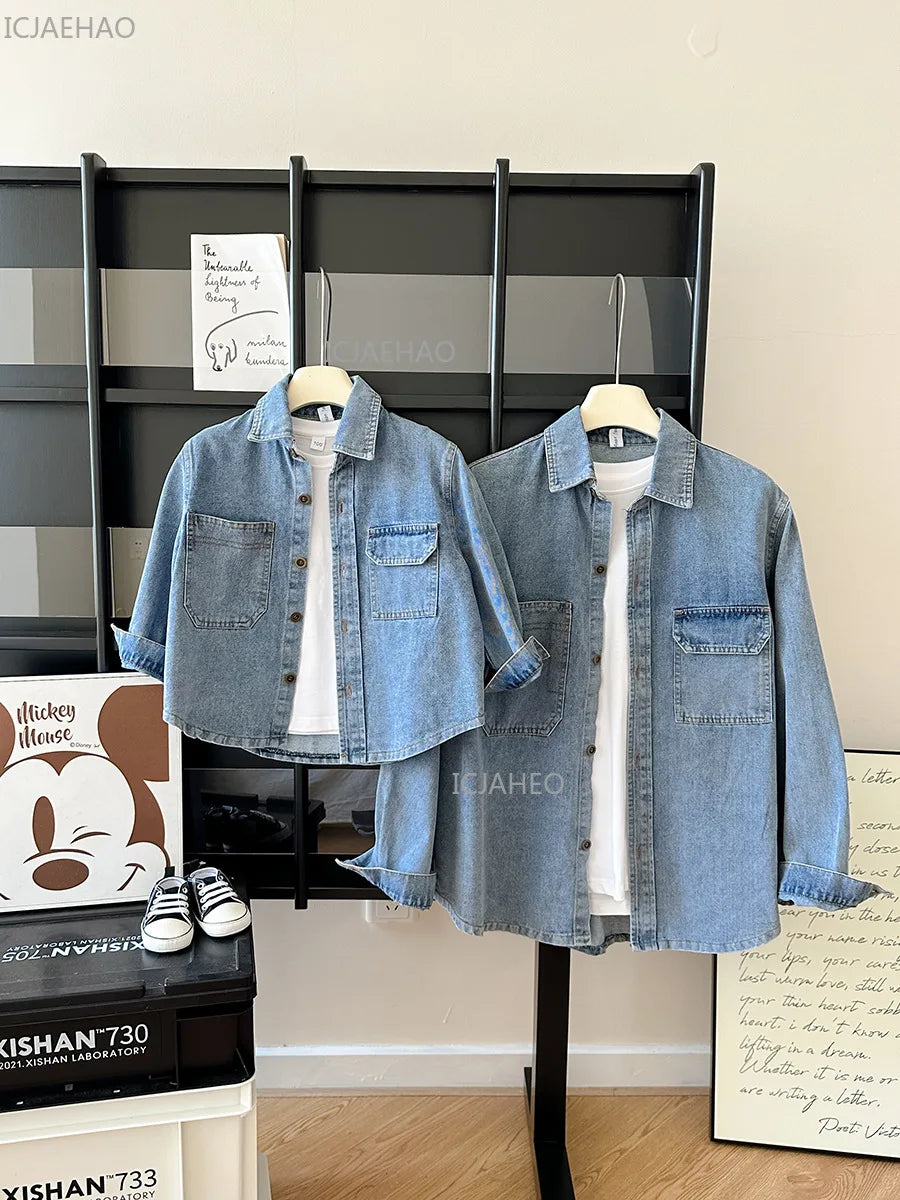 ‌2026 Mother-Child Mother and Son Daughter Matching Fashion Outfits Denim Jacket & Shirt Casual Kids and Adults Tops Autumn