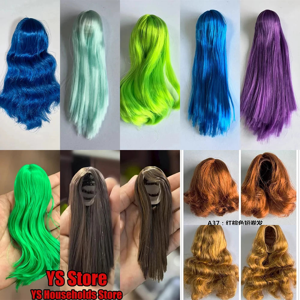 1/6 Female Soldier Head Sculpt Decor Wig Green/Blue/Red/Gray Hair Model Toys Accessory For 12inch Bald Sculpture Decoration