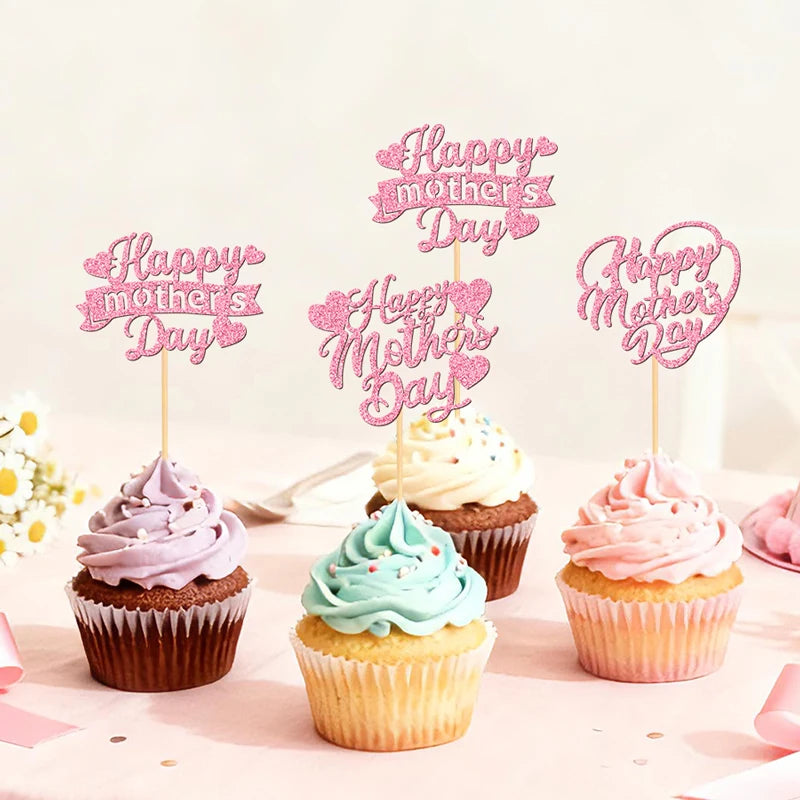 YOMDID 24Pcs Happy Mother's Day Cupcake Toppers Glitter Happy Mother's Day Heart Cake Toppers Cake Decorations for Mothers Day