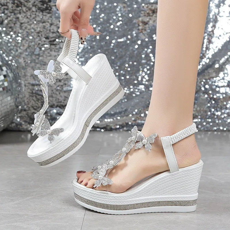 2025 new wedge sandals butterfly pearl decoration word with diamond