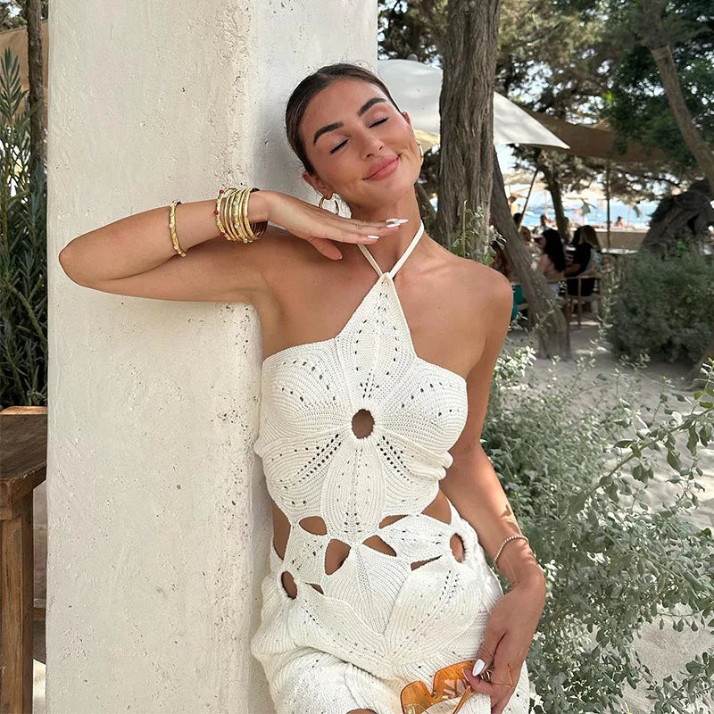 Hollow Out Halter Women Dress Sexy Backless Solid Mini Beach Dress Knitted Irregelar Petaling Short Dresses Female Slim Dress